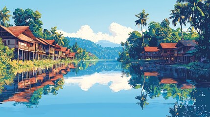 Obraz premium Serene Reflection Stilt Houses on a Tropical River in Southeast Asia.
