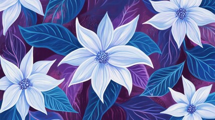 A vibrant floral pattern featuring large blue and white flowers against a rich purple and blue background with leafy accents.