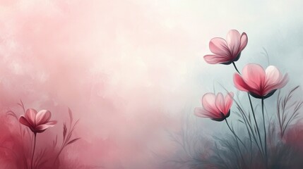 Delicate pink flowers bloom against a soft, pastel background, creating a serene and artistic floral scene.