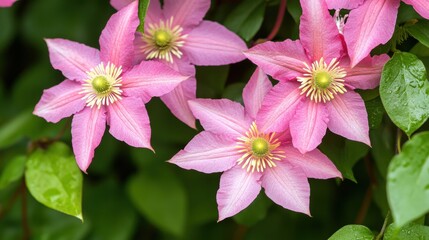 A close-up of vibrant pink clematis flowers with creamy yellow centers, surrounded by lush green leaves.