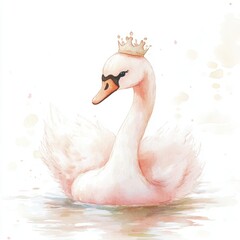 A regal pink swan wearing a golden crown, gracefully swimming in calm waters with soft watercolor splashes around.