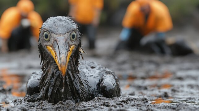 Volunteers meticulously clean a polluted shoreline while an oil-covered bird battles for survival nearby, showcasing the urgent need for action