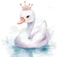 A whimsical watercolor illustration of a elegant swan wearing a small crown, gracefully floating on a watery background.