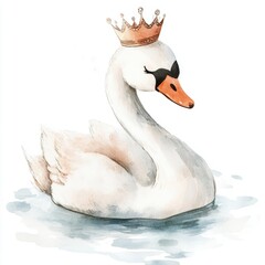A whimsical illustration of a regal swan wearing a crown and stylish sunglasses, floating gracefully on a calm body of water.