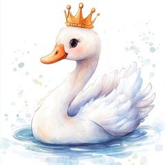 A charming cartoon swan with a golden crown, gracefully gliding on water, featuring soft, fluffy feathers and big expressive eyes.