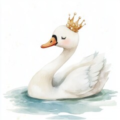 A whimsical illustration of a white swan wearing a golden crown, peacefully floating on a serene blue pond.