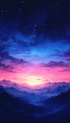 Naklejka premium Mountain sunrise, misty valley, starry night sky