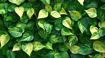 A dense arrangement of vibrant green and yellow-tipped leaves, showcasing the rich texture and variety of a lush foliage backdrop.