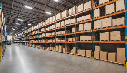 Warehouse interior with stacked cardboard boxes