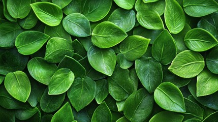 A close-up view of vibrant green leaves overlapping, creating a rich, textured background of lush foliage.