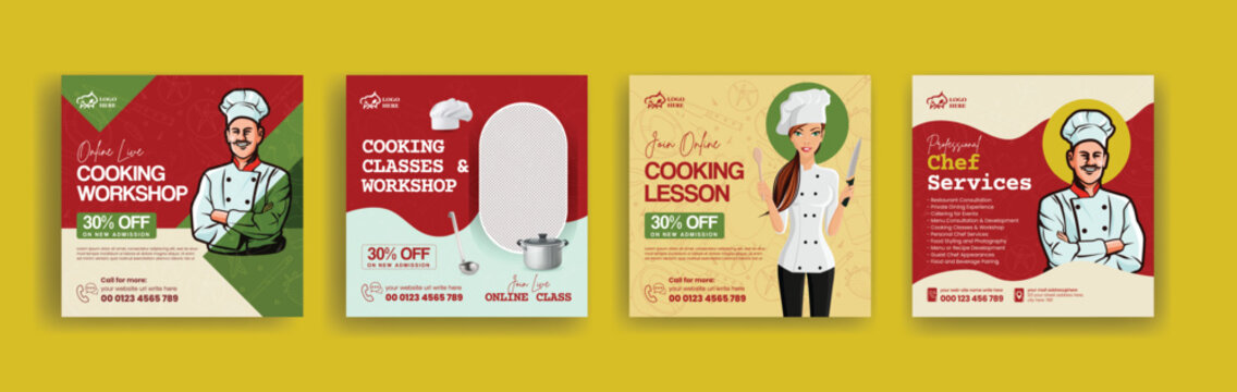 online cooking class and chef hiring social media post, banner, ads or square flyer template with chef character illustration poster design