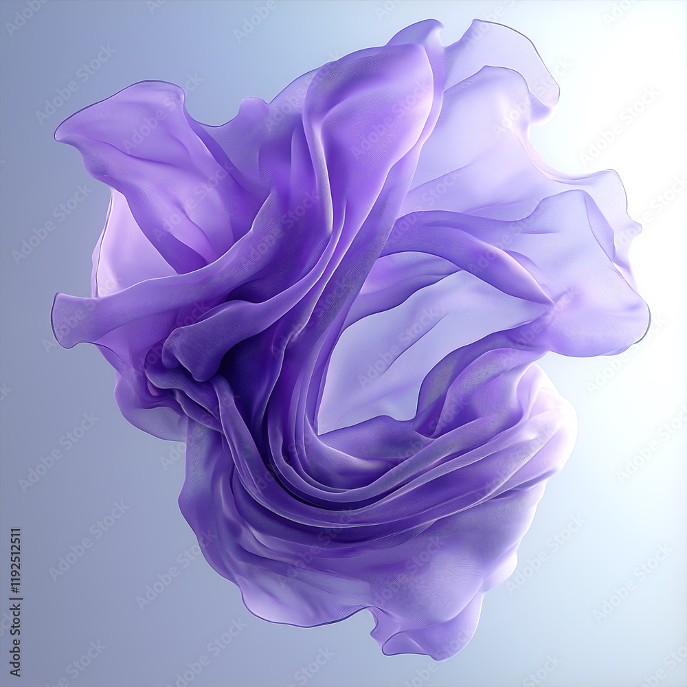 Poster abstract 3d illustration with flying, undulating shapes of translucent fabric in shades of purple an