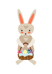 Cartoon Easter gray bunny standing with basket of colorful eggs. Vector illustration for design of cards, banners, invitations, packaging, prints for clothes