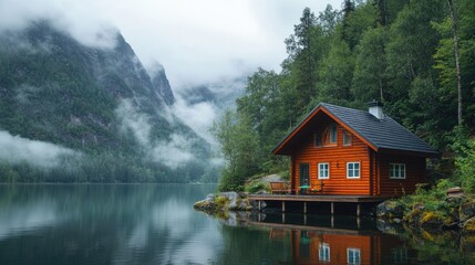 Fototapeta premium Enjoy the calm of a misty morning at a rustic cabin located by a still lake, embraced by the beauty of nature and mountains