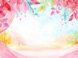 A soft, watercolor illustration featuring pink leaves and green foliage framing a serene, pastel background, evoking a tranquil atmosphere.