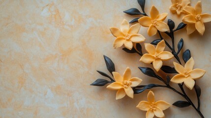 Delicate yellow flowers with dark green leaves arranged on a textured, soft orange background.
