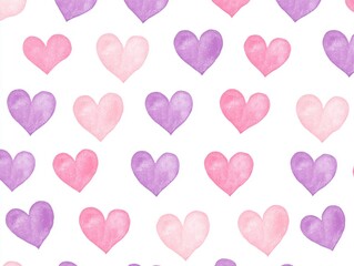 A whimsical pattern of pink and purple watercolor hearts on a white background, evenly spaced and overlapping in various sizes.