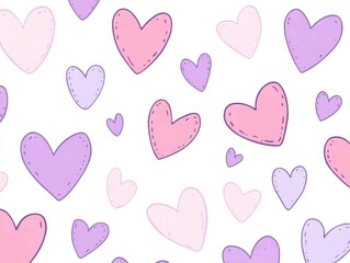 A whimsical pattern of varying shades of pink and purple hearts scattered on a white background.