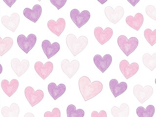 A playful pattern featuring hand-painted hearts in shades of pink and purple on a white background.