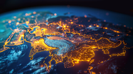 Fototapeta premium Satellite view of Earth globe from space, city lights by night, Asia map, China India