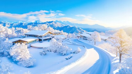 A serene winter landscape features snow-covered homes and trees, with a winding road leading into the bright, blue sky.