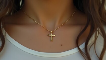 Golden Christian cross worn as a necklace by a young woman