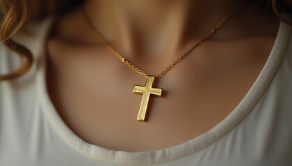 Golden Christian cross worn as a necklace by a young woman