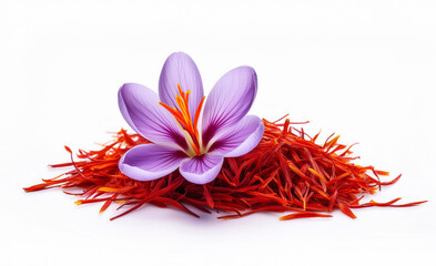 Saffron flower and saffron spice aroma isolated, Saffron flower isolated on white background. 