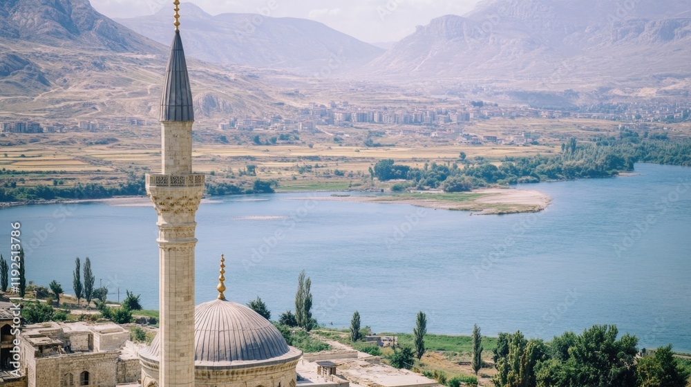 Poster a serene view of a vast body of water with calm waters and a distant shoreline