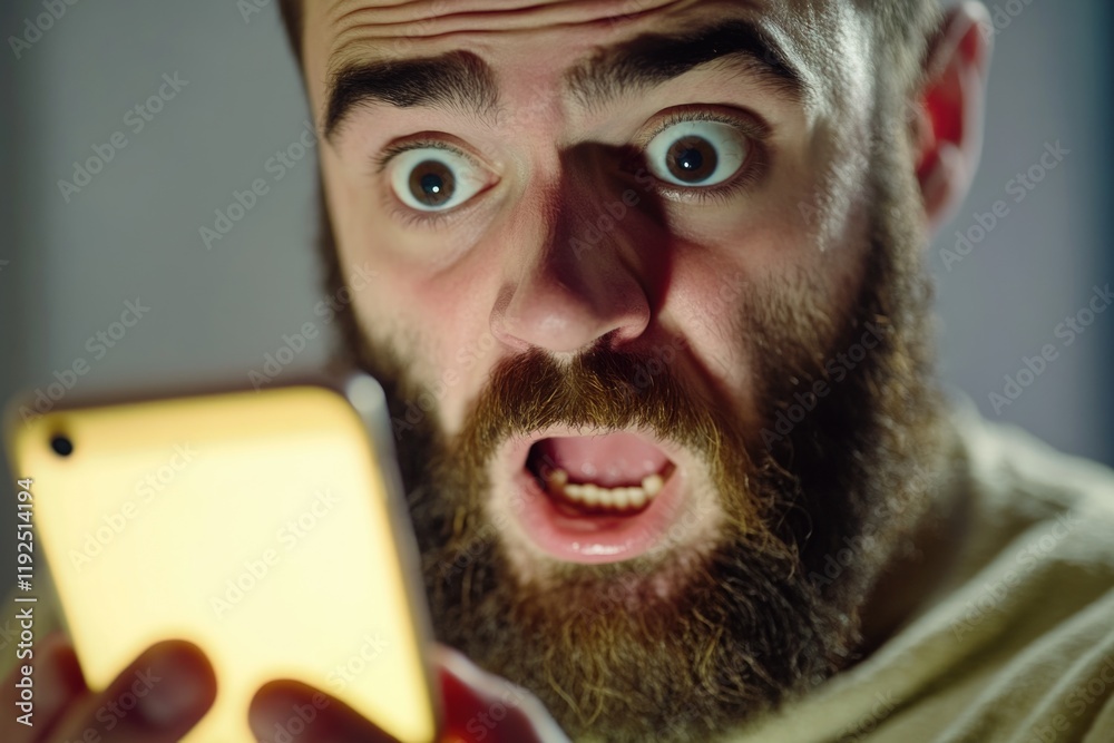 Poster A person with a surprised expression examining their mobile device