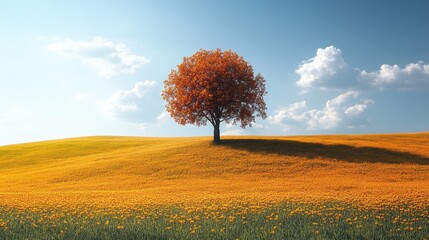 Minimalist tree silhouette in open field, vibrant clear sky backdrop, serene and tranquil landscape design