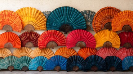 Colorful handmade fans displayed on a wall in a vibrant setting for cultural appreciation