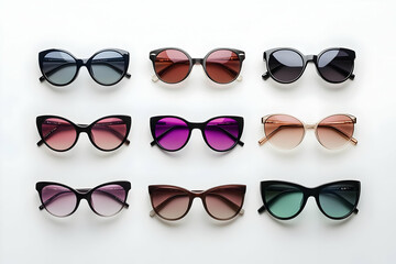 A stylish set of women's sunglasses laid out neatly on a clean white background, emphasizing modern trends and fashion-forward designs.