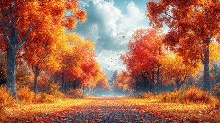 Autumn Serenity, a flat design featuring a tranquil tree-lined path adorned with vibrant fall foliage, inviting a peaceful stroll through nature.