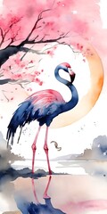 Pink bird flamingo standing in water. Wildlife animal scene in nature. illustration. Generative AI