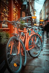 A row of vibrant orange bicycles parked side by side, waiting for their riders