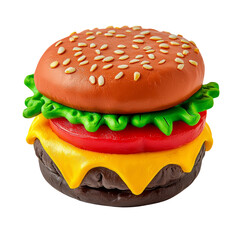 Colorful Play-Dough Hamburger Model with Lettuce and Cheese on Transparent Background