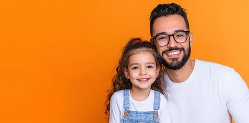 Fototapeta premium Happy Father's Day graphic with a Hispanic father and his daughter, designed with room for additional copy.