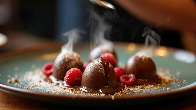 Bombones de chocolate caliente con frambuesas y salsa derretida