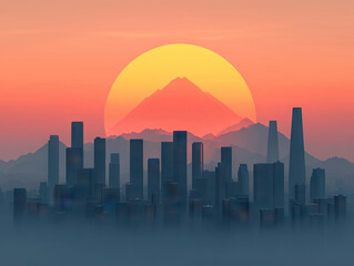 futuristic cityscape with skyscrapers silhouetted against vibrant sunset and mountain backdrop