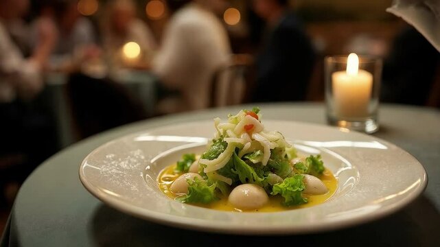 Ensalada gourmet con aderezo y perlas de mozzarella en restaurante elegante