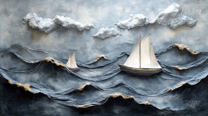 Serene Seascape with Two Sailboats Navigating Textured Waves and Soft Clouds Against a Dramatic Sky in an Artistic Relief Style