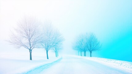Obraz premium A peaceful winter scene shows a snowy road flanked by bare trees, wrapped in soft fog and a calming blue hue, evoking stillness, serenity, and the quiet beauty of cold mornings. 