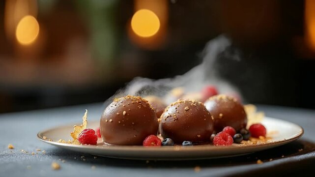 Bombones de chocolate caliente con frutos rojos y decoraci&oacute;n crujiente