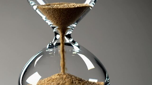 Elegant hourglass with flowing sand symbolizes the passage of time, contemplation, and the importance of making every moment count in life and decision-making processes.