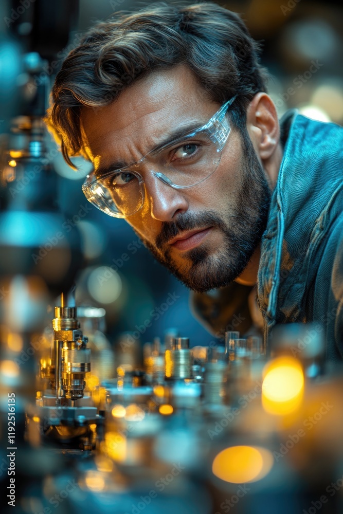 Poster a person studying a mechanical device with glasses on