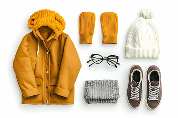 A fall-inspired flat lay with a warm coat, cozy cap, and sneakers, all neatly arranged on a white surface for a modern autumn look.