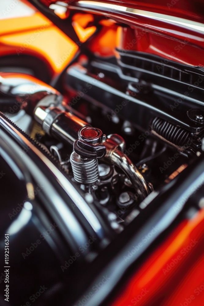 Aufkleber close up view of a car engine with various mechanical parts and details