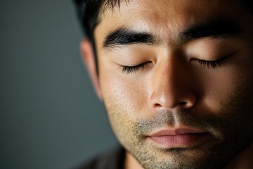 Fototapeta premium Close-up portrait of a person with their eyes shut, great for representing thoughtfulness or introspection