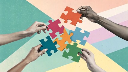 Abstract, modern art collage of human hands assembling a colorful puzzle